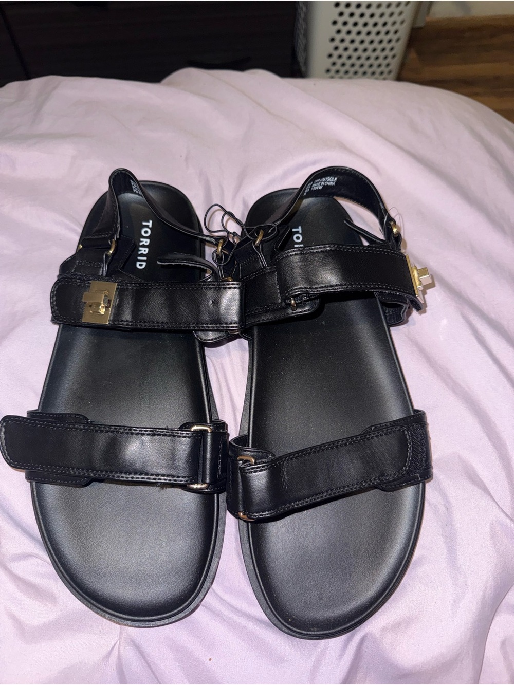 torrid Black Strappy Sandals with Gold Accent